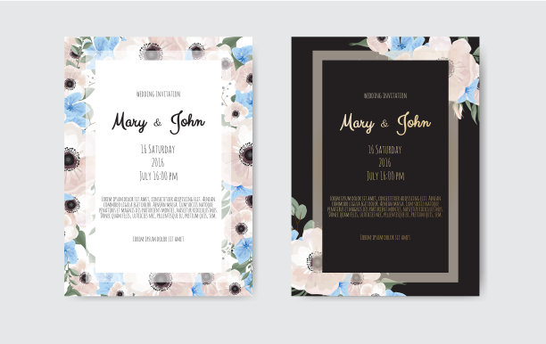 植物婚礼邀请函模板设计，白色和粉红色的花在白色和黑色的背景图片下载