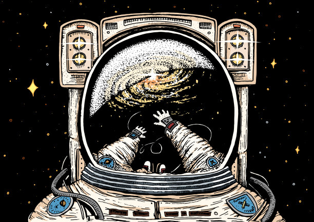 宇航员宇航员飙升。天文星系空间。滑稽的宇航员探索冒险和反映在太空服上。雕刻手绘草图。太阳系中的行星。背景的网站素材图片