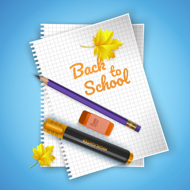 笔记本纸和学校用品上彩色鲜艳的背景，文具明信片回学校。矢量图图片下载