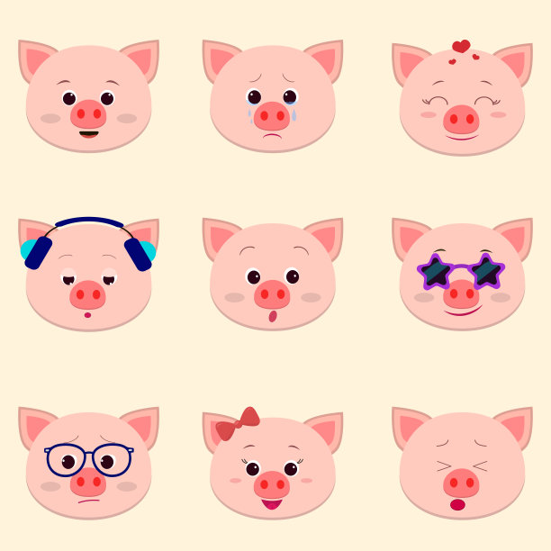 一套可爱的小猪脸不同的情感卡通风格。图片下载