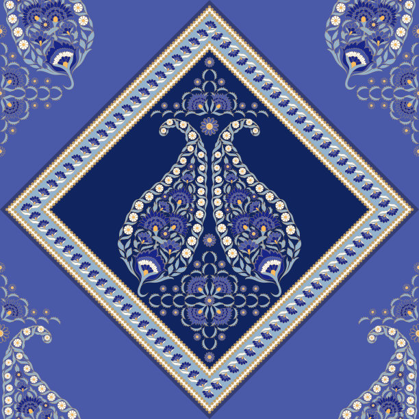 花卉印度涡纹矢量无缝边界。复古花民族装饰的锦缎波斯地毯织物。东方民间设计的经典卧室纺织品，波西米亚枕头，瑜伽墙纸。图片下载