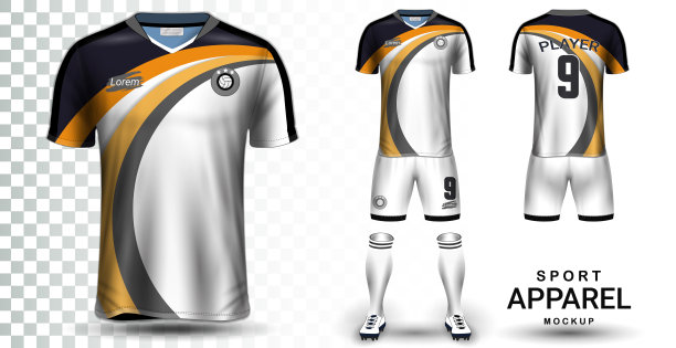 足球球衣和足球套装演示模型模板，正面和背面视图包括运动服制服，短裤和袜子，它是完全定制孤立在透明的背景。图片下载