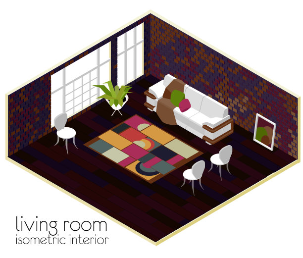 客厅内部设有沙发、扶手椅等loft风格。等距三维图片下载