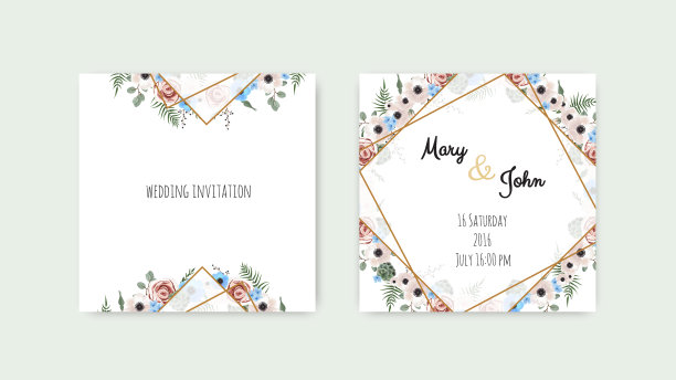 植物婚礼请柬模板设计，白色和粉红色的花朵。向量模板设置图片下载