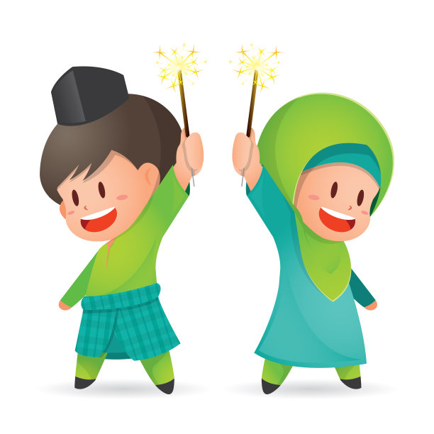 Selamat Hari Raya Aidilfitri矢量图。可爱的穆斯林孩子玩烟花图片下载
