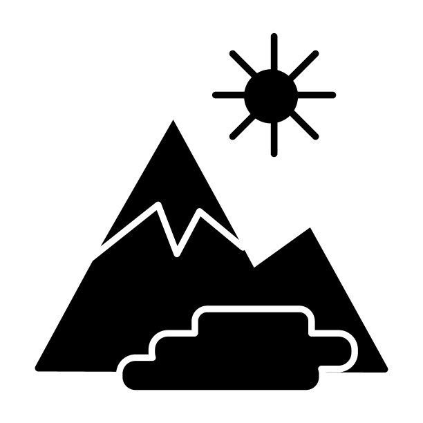 山体景观固体图标。山，太阳和湖矢量插图孤立在白色。自然象形风格的设计，为网页和应用程序设计。Eps 10。图片下载