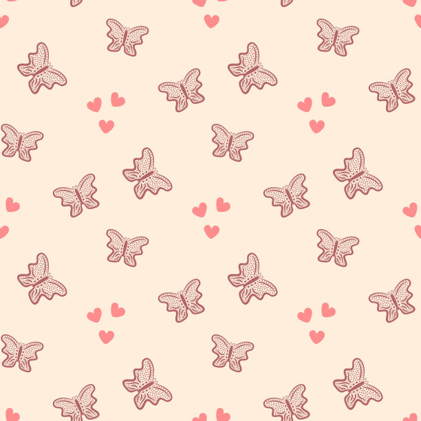 手绘重复的心形和抽象蝴蝶女性无缝图案，棕色、红色和米色图片下载