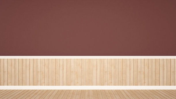 红棕色墙壁与木墙和木地板的艺术品装饰房间-空房间和墙壁装饰的空间设计添加艺术品- 3d渲染图片下载
