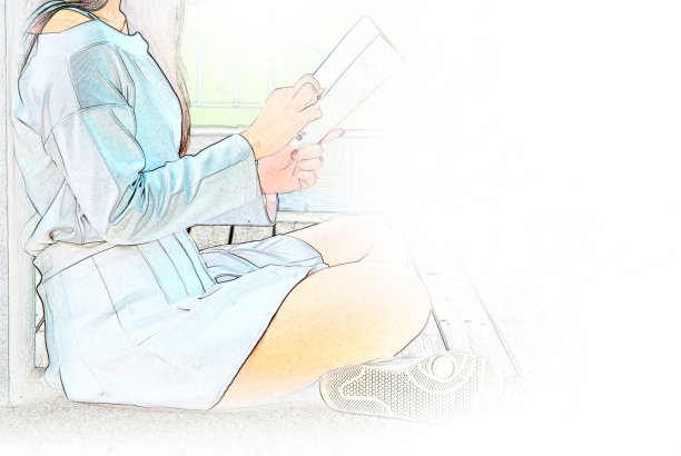 小女孩坐着看书，以水彩插画为背景。图片下载