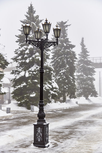 路灯在雾中的背景上，圣诞树在雪中的火车站图片下载