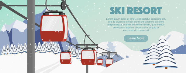 滑雪场赛季开幕传单概念，卡通矢量插图。红色木屋电梯，山，杉树，滑雪道全景背景。架空索道，小山，冬季网页横幅设计。图片下载
