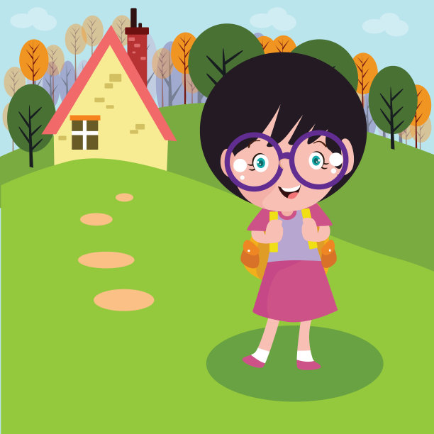 可爱的小女孩们戴着眼镜，看起来很开心，兴高采烈的站在房子前院的草地上摆姿势，卡通人物图片下载