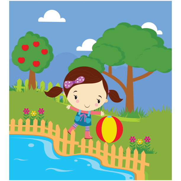 可爱的小女孩在湖边玩球，玩卡通人物，看起来很开心图片下载