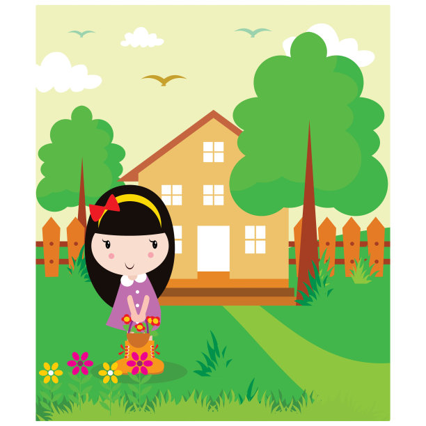 甜美的小女孩看起来很开心，兴高采烈的在房子前面带了一篮鲜花，卡通人物图片下载