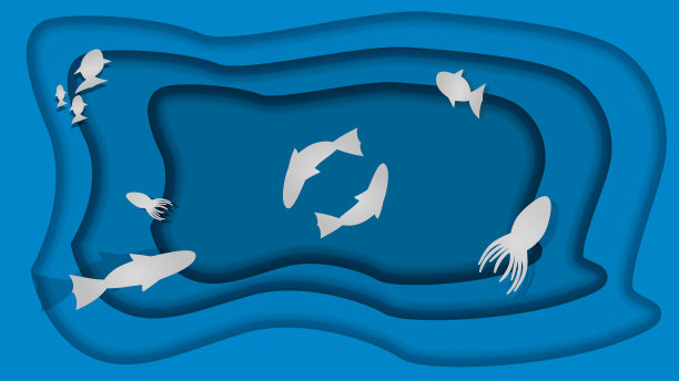 有鱼和章鱼的水下洞穴。剪纸风格矢量。潜水的概念。海洋野生动物。图片下载