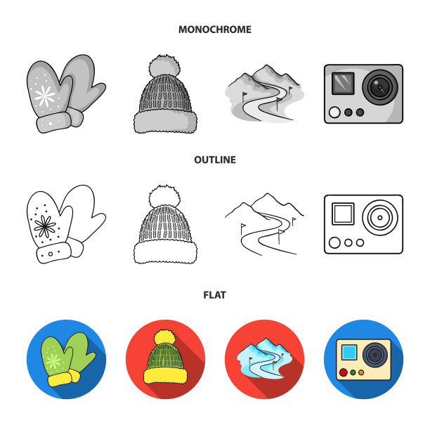 手套，保暖帽，滑雪道，运动摄像机。滑雪胜地集合图标在平面，轮廓，单色风格向量符号股票插图网。图片下载