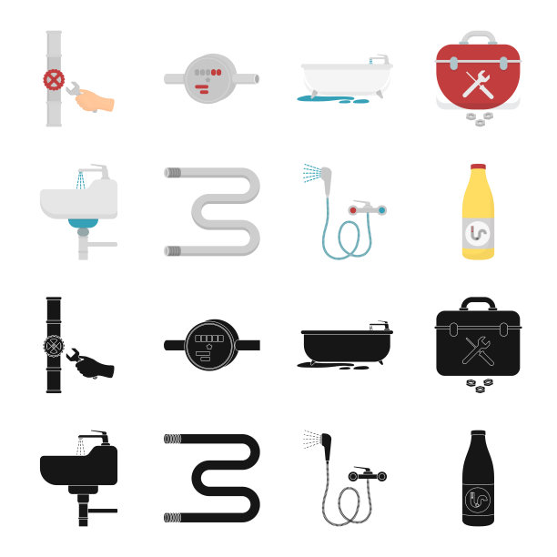 洗脸盆、烘干机、搅拌器、淋浴等设备。管道集合图标在黑色，卡通风格向量符号股票插图web。图片下载