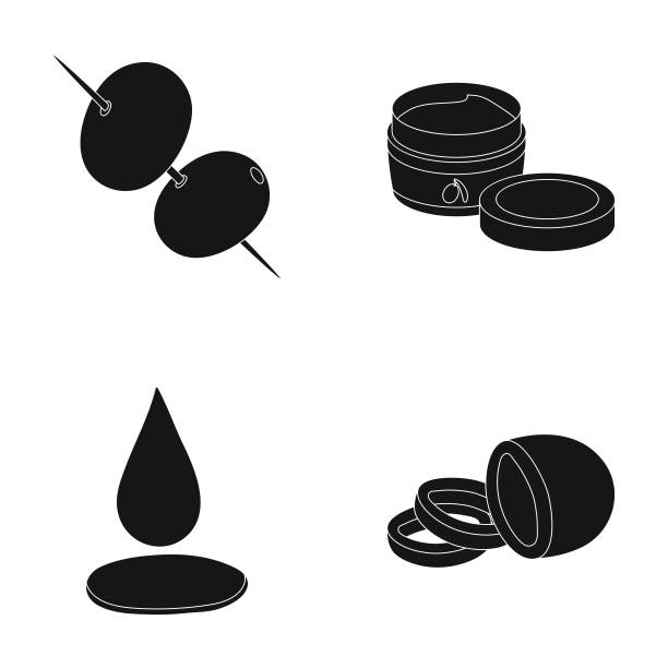 橄榄串。一块黑橄榄，一罐奶油，一滴油。橄榄集合图标在黑色风格向量符号股票插图网。图片下载