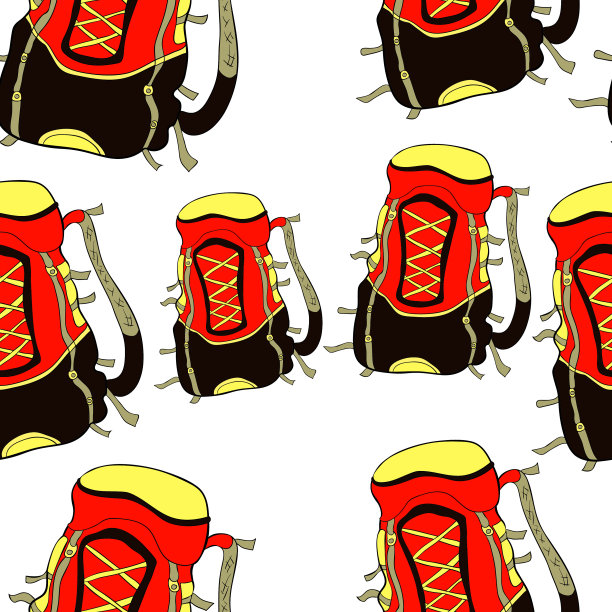 无缝图案背包徒步在大自然。矢量图图片下载