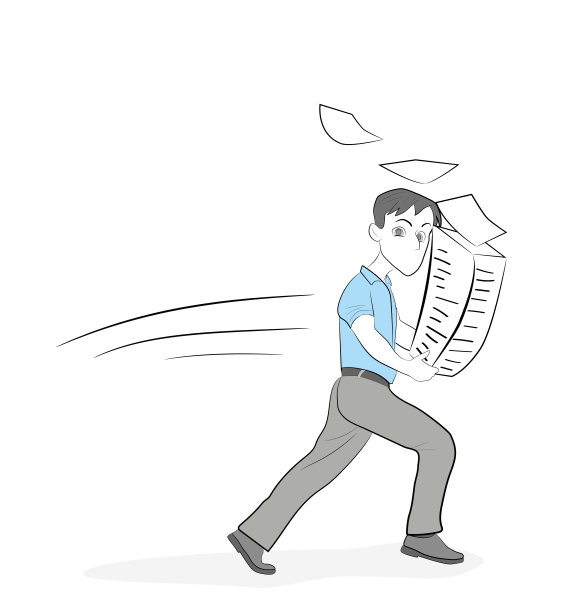 一个男人正拿着一堆文件跑着。业务工作。矢量插图。图片下载