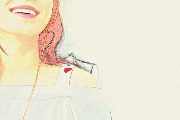 少女抽象地戴着耳机，听着音乐，在水彩插画的背景上作画。图片下载