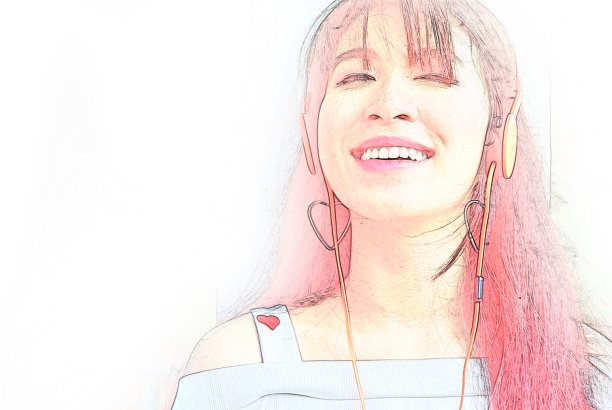 少女抽象地戴着耳机，听着音乐，在水彩插画的背景上作画。图片下载