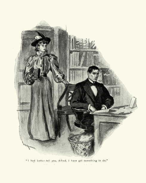 维多利亚时代的一个年轻女人在书房里打扰她的丈夫图片下载