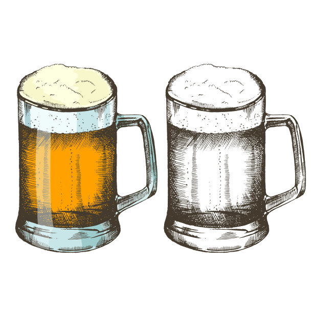 啤酒节手工绘制的彩色和涂鸦玻璃上的啤酒孤立的白色。啤酒节日。向量。素描、雕刻图片下载