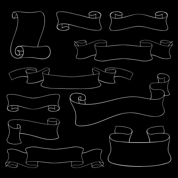 纸质或彩带卷轴。黑色背景上的矢量插图的轮廓集图片下载