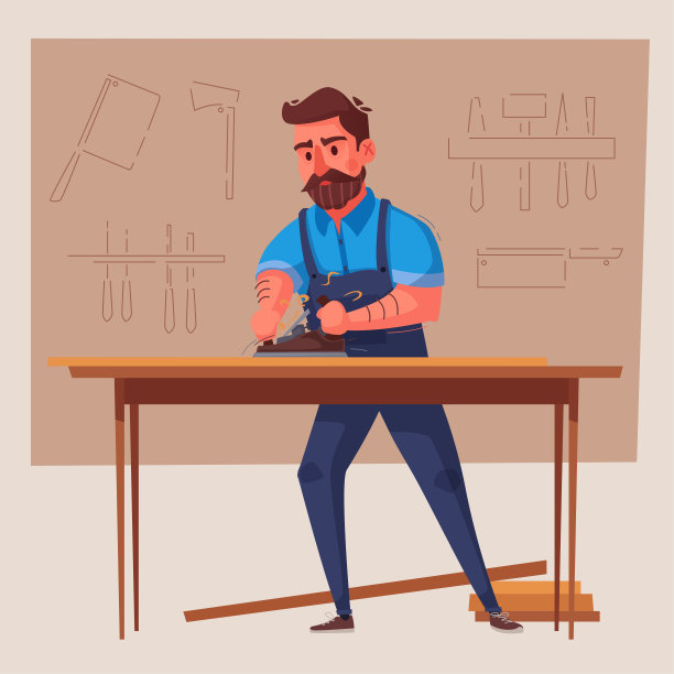滑稽的木匠在工作。卡通矢量图图片下载
