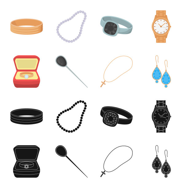 装在盒子里的戒指，发夹，带石头的耳环，链子上的十字架。珠宝和配件集合图标在黑色，卡通风格向量符号股票插图网页。图片下载