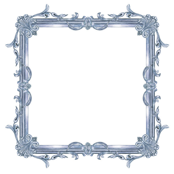 银色方形框架与巴洛克图案，水彩画图片下载