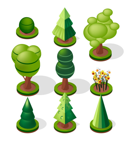 白色背景上的一组树。等距三维图片下载