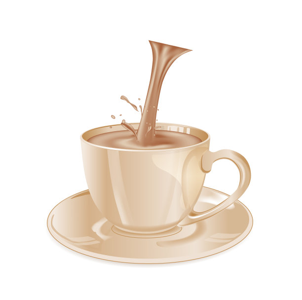 棕色玻璃咖啡杯和茶托。倒咖啡和牛奶图片下载