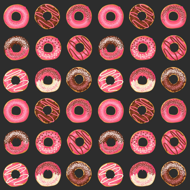 无缝模式与矢量甜粉红釉面甜甜圈与巧克力和粉末。食物的设计。背景为墙纸，网页，表面纹理，纺织品图片下载