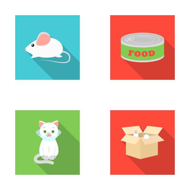 老鼠，食物在银行，生病的猫，猫在盒子里。猫集收集图标在平面风格向量符号股票插图网。图片下载