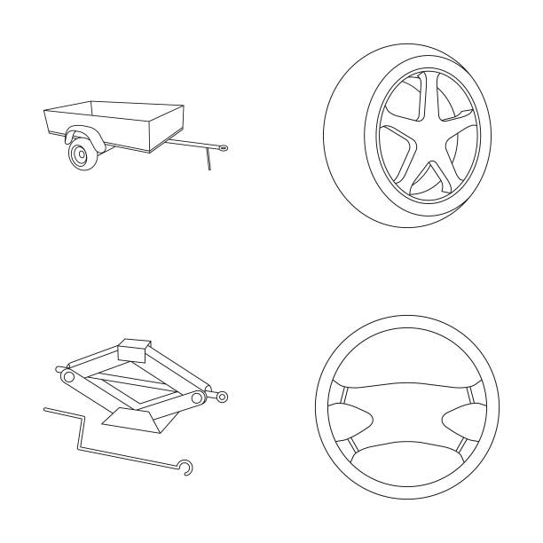 大篷车，车轮与轮胎罩，机械千卡，方向盘，汽车集合图标在轮廓风格矢量符号股票插图web。图片下载