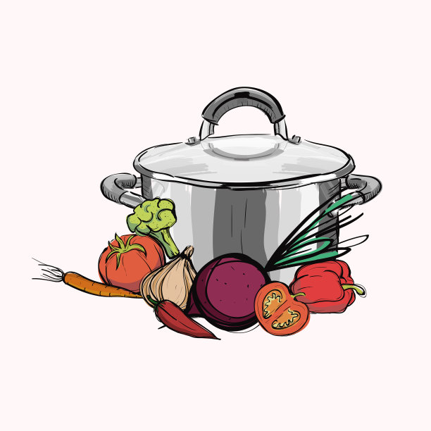 烹饪草图。厨房平底锅和生蔬菜图片下载