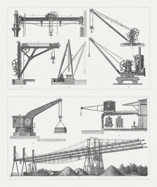 各种历史上的起重机系统，木刻，出版于1897年图片下载