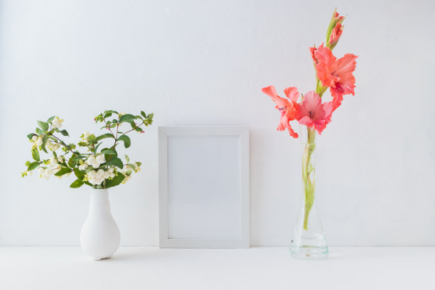 模型的白色框架和树枝与绿色的叶子在一个花瓶在一个光的背景图片下载