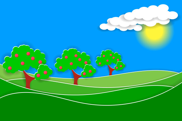 有果树的乡村景观。剪纸的形状和层次作为乡村设计图片下载