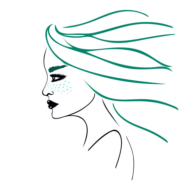 手绘女人肖像与雀斑和绿色头发在侧面与严肃的表情。图片下载