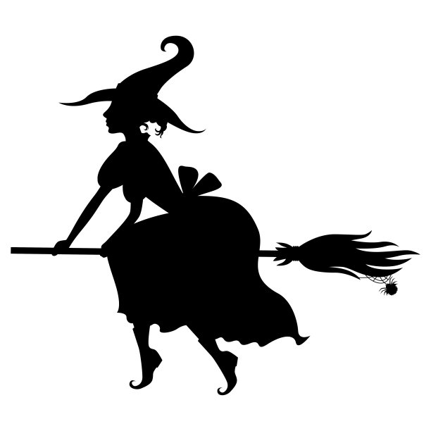 万圣节女巫的剪影在扫帚上图片下载