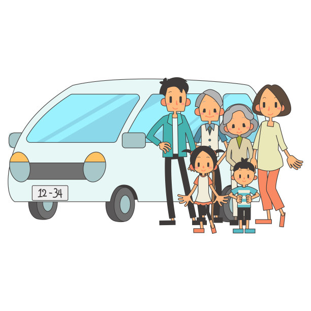 三代家庭和汽车插图素材图片