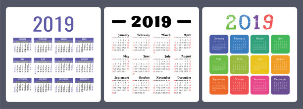 2019年日历。彩色英文矢量压延机套装。一周从周日开始。基本的网格图片下载