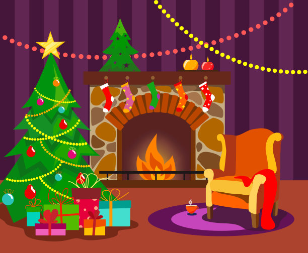 一个舒适的房间，有一个壁炉，装饰着一棵圣诞树和一个扶手椅的圣诞节风格与明亮的鲜花公寓。图片下载