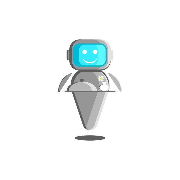 机器人服务员插图，机器人助手的概念与人工智能。一个带着食物的微笑机器人和一个托盘上放着花的花瓶。图片下载