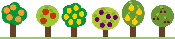 不同的果树与成熟的收获在简化卡通风格孤立在白色的背景图片下载