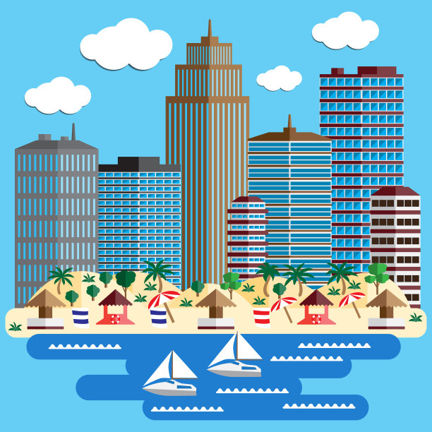 以城市为背景的海滩。图片下载