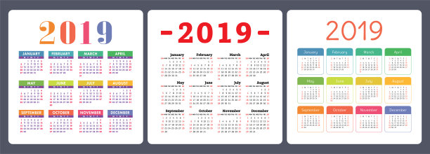 2019年日历。彩色英文矢量压延机套装。一周从周日开始。基本的网格图片下载